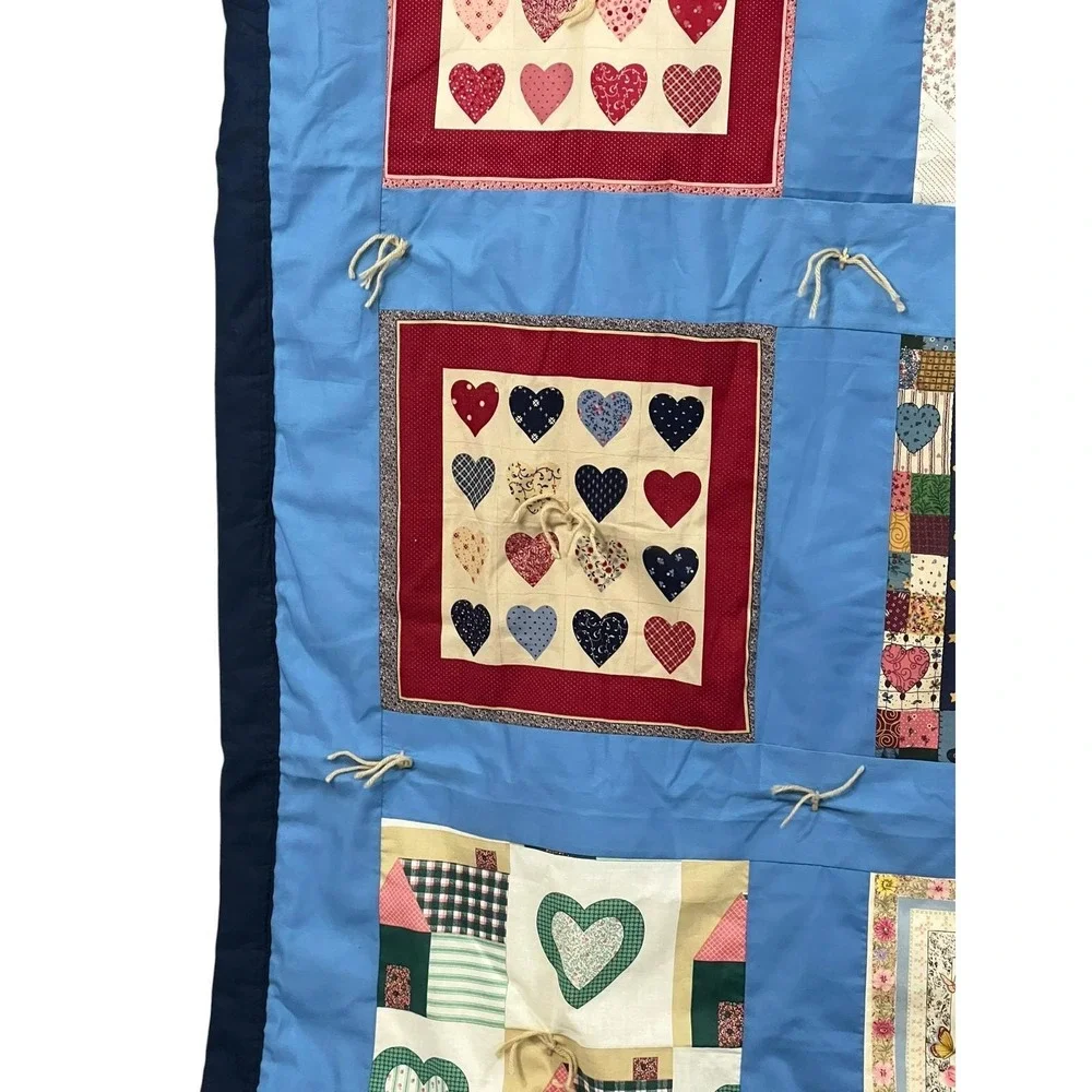 Vintage Patchwork Quilt Twin Blue‎ Hearts Floral Cottage Handmade 62x88